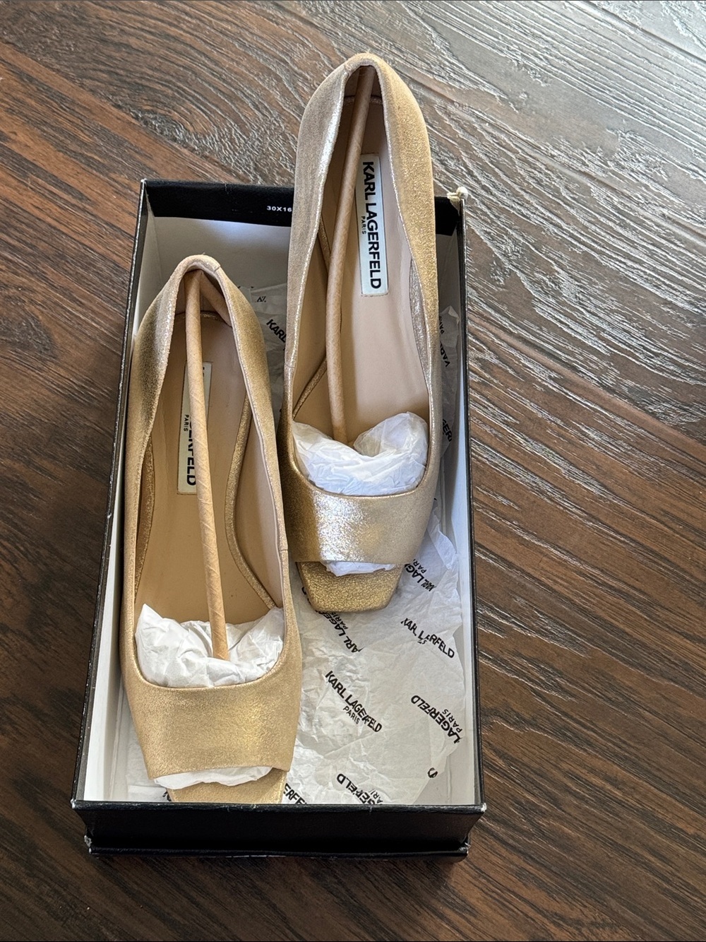 Karl Lagerfeld Metallic Suede Gold Square-Toe Block Heel